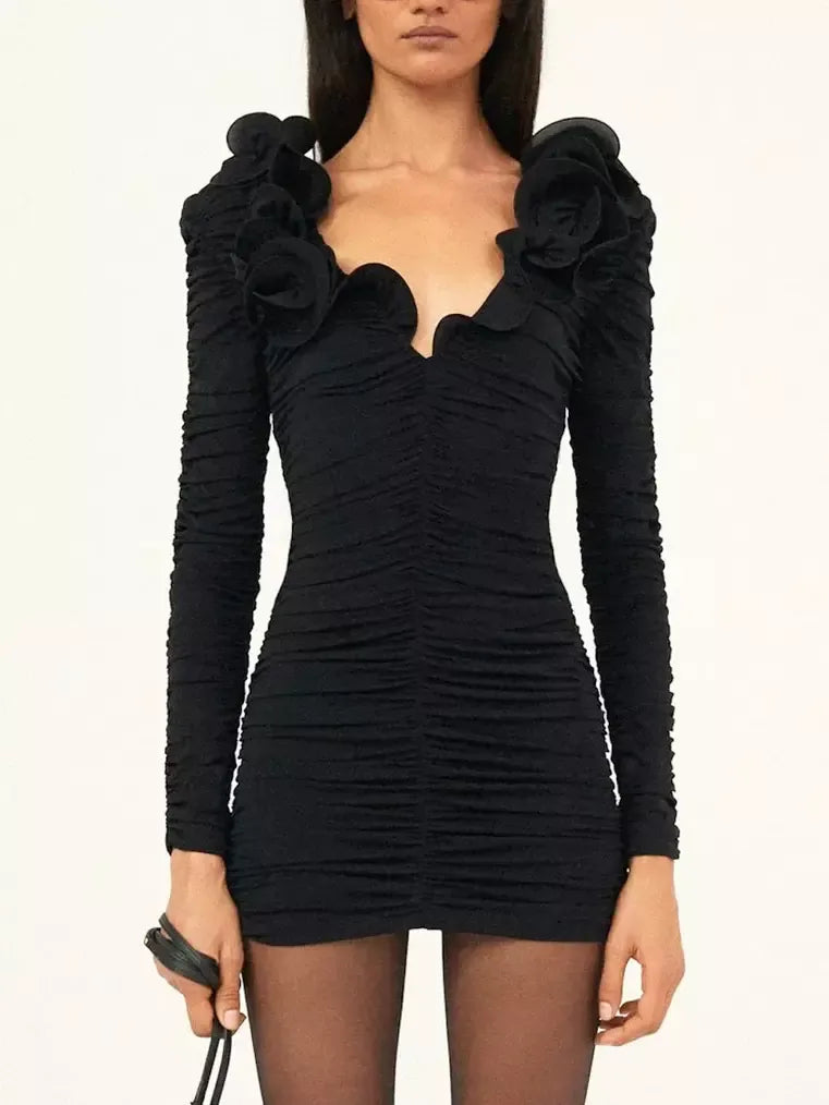 Floral applique ruffled ruched black mini dress 