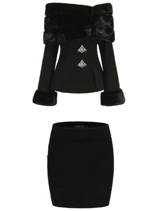 Faux-Fur Off-Shoulder Jacket and Heart Skirt Set in Black - Branna Couture