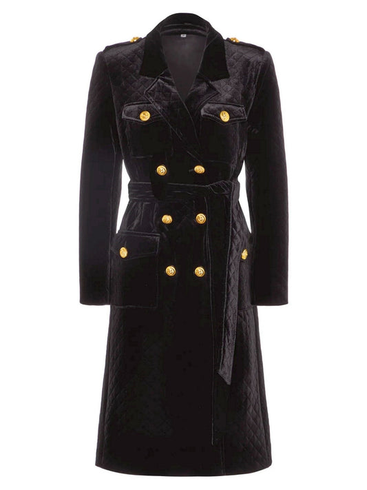 Belted Black Double-Breasted Velvet Coat - Branna Couture