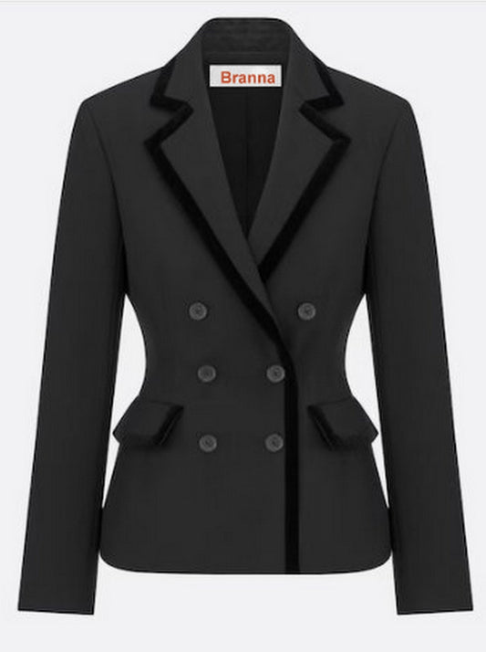 Black Double-Breasted Velvet-Trim Blazer - Branna Couture