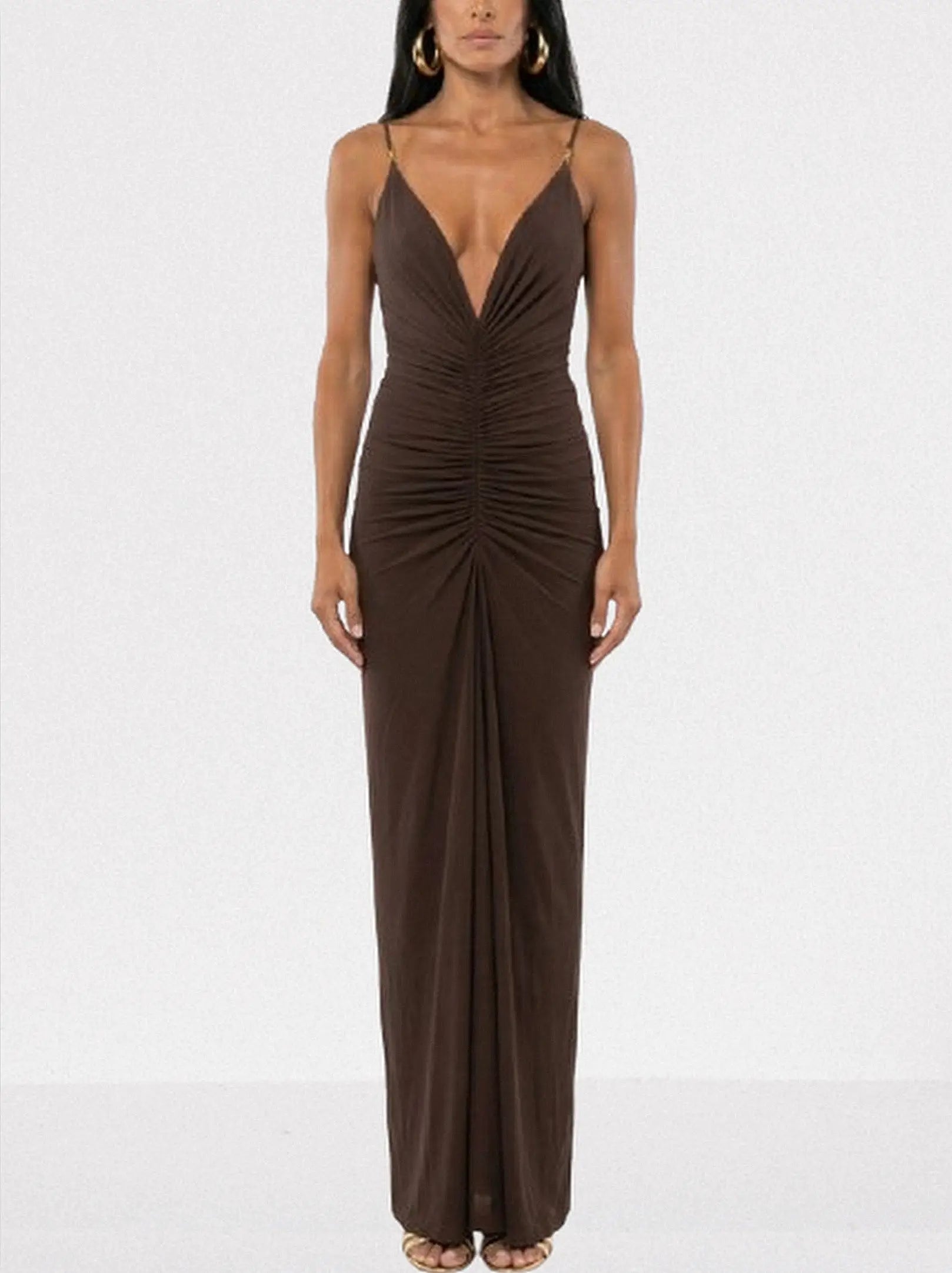 Ruched Jersey Plunge-Neck Maxi Dress - Dresses