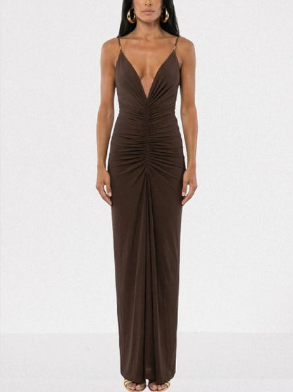 Ruched Jersey Plunge-Neck Maxi Dress - Dresses