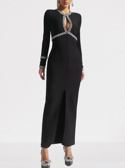 Crystal-Embellished Black Keyhole Evening Dress - Dresses