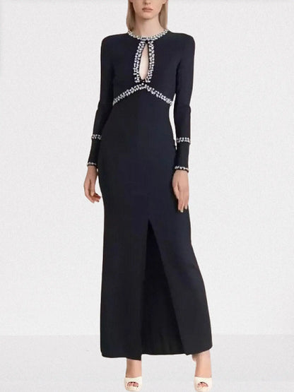 Crystal-Embellished Black Keyhole Evening Dress - Dresses