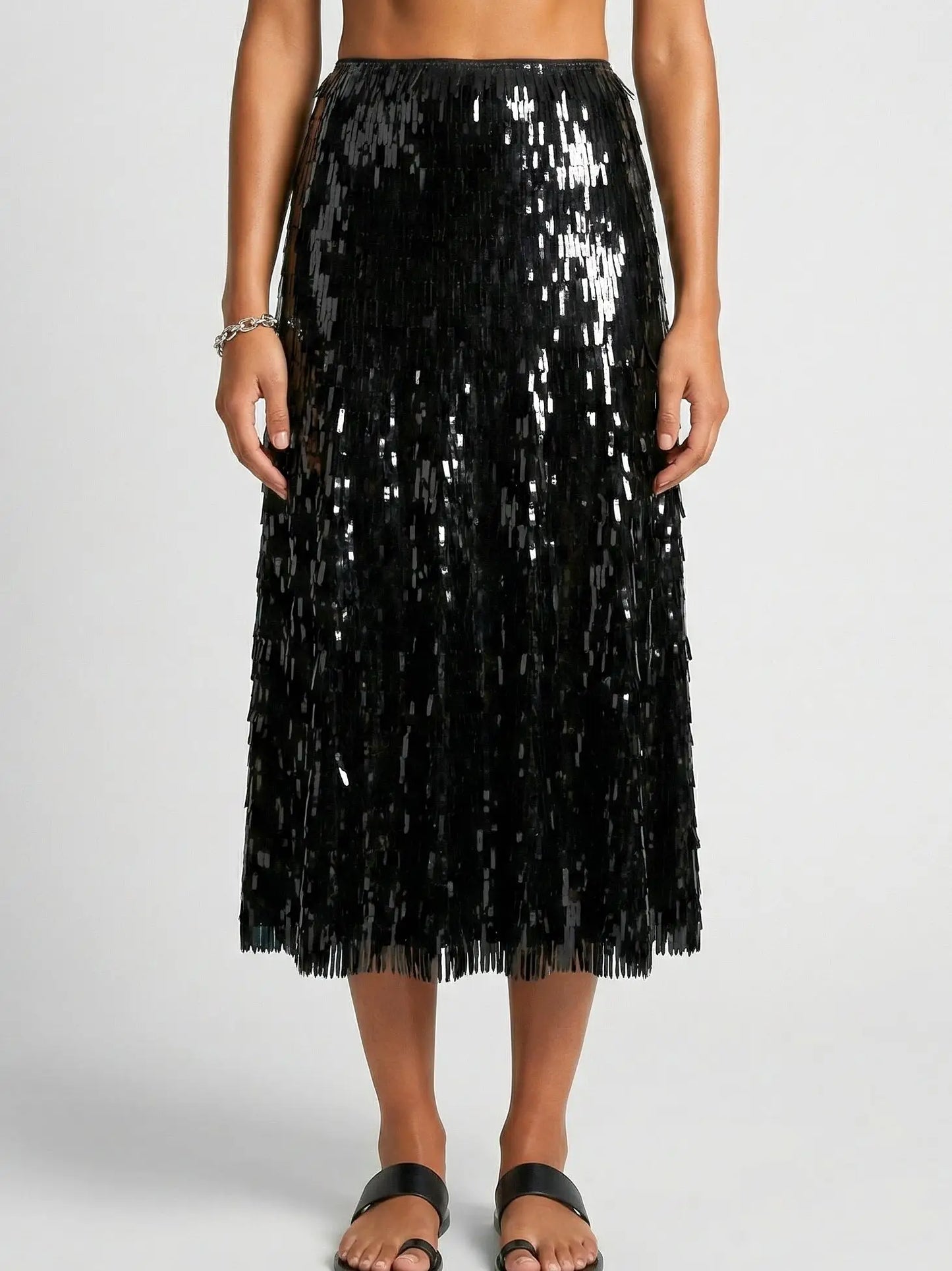 Black Sequin Fringe Midi Skirt - S - Skirts