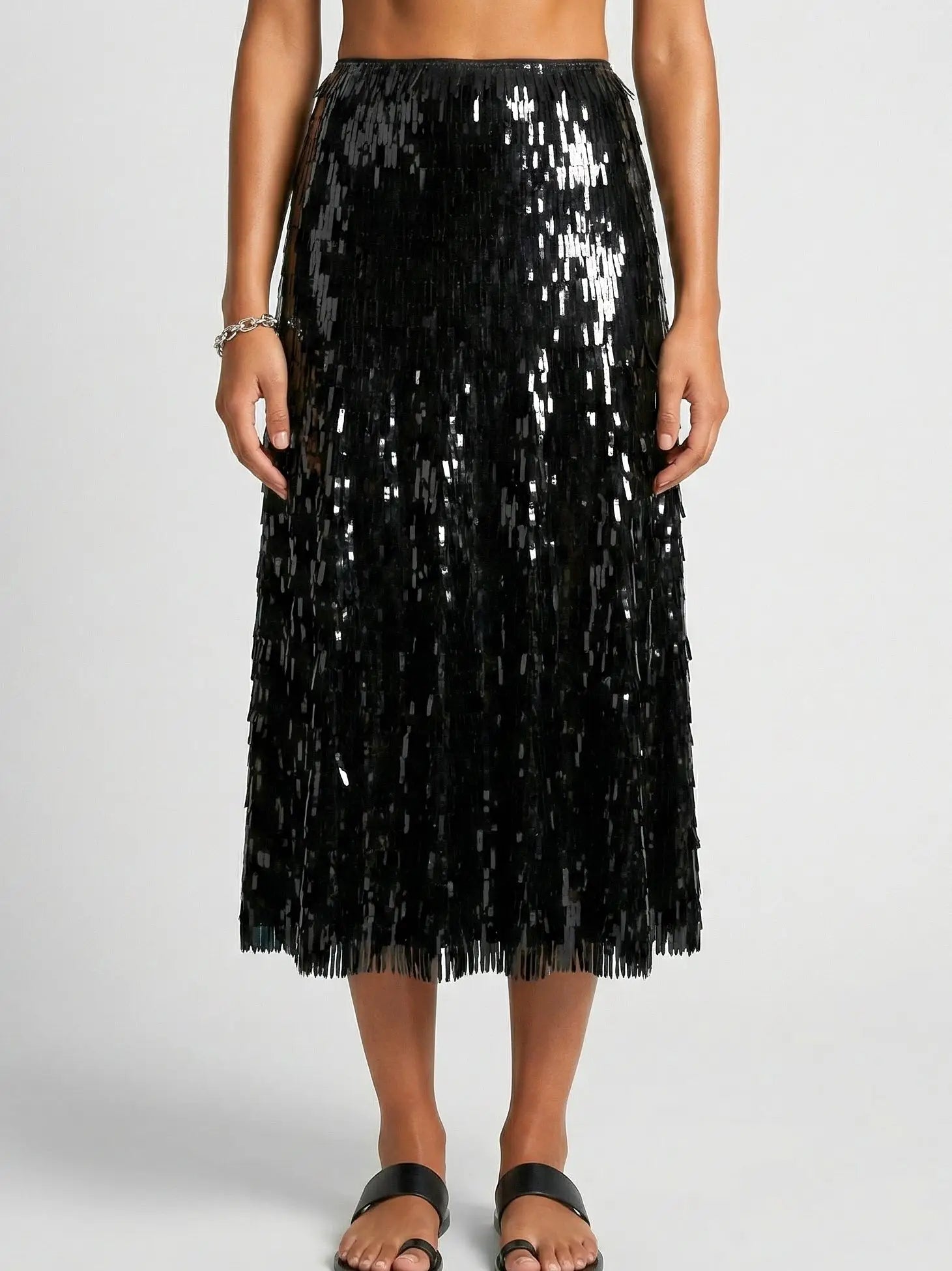 Black Sequin Fringe Midi Skirt - S - Skirts
