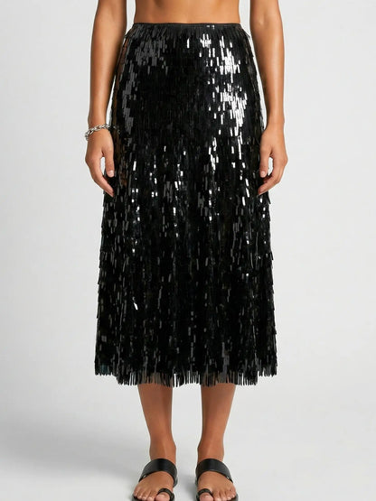 Black Sequin Fringe Midi Skirt - S - Skirts