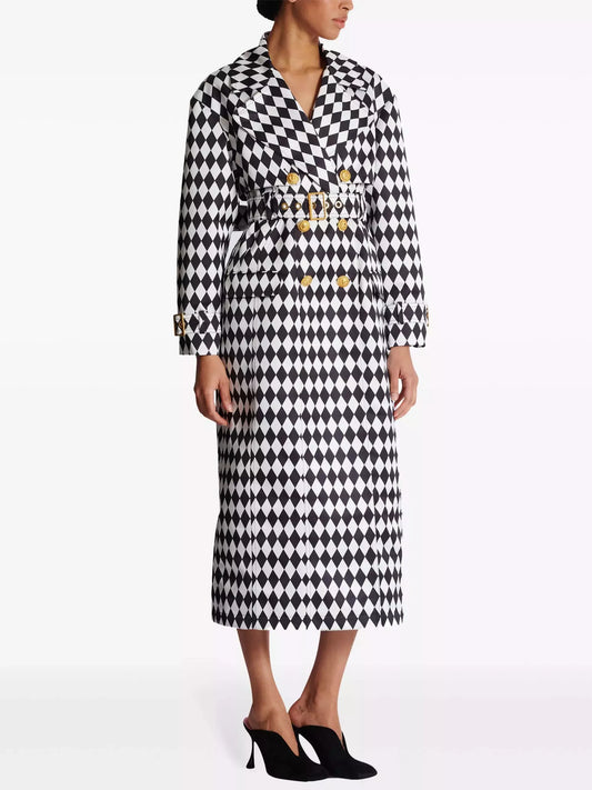 Belted Black and White Diamond Pattern Double-Breasted Trench Coat - Branna Couture