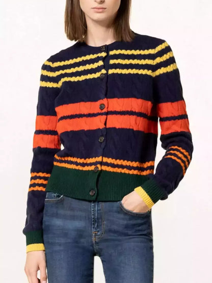 Bright-Striped Cable Knit Cardigan Sweater Branna Couture