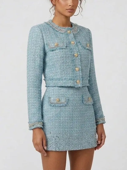 Crystal-Embellished Tweed Jacket and Dress Set - Suits & Sets