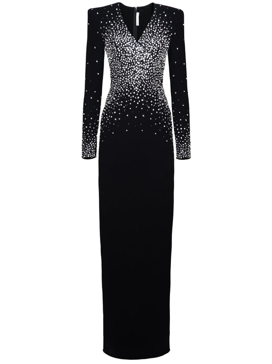 Embellished V-Neck Long Black Velour Gown