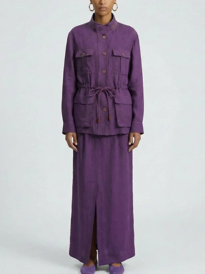 Linen Utility Jacket and Maxi Skirt Set - S / Purple - Suits & Sets