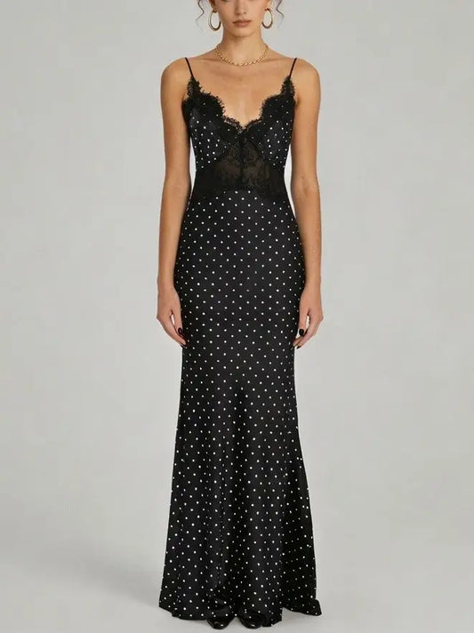 Polka Dot Satin Camisole Maxi Dress with Lace Trim - Dresses