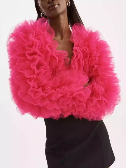 Ruffled Tulle Cropped Fuchsia Jacket Branna Couture