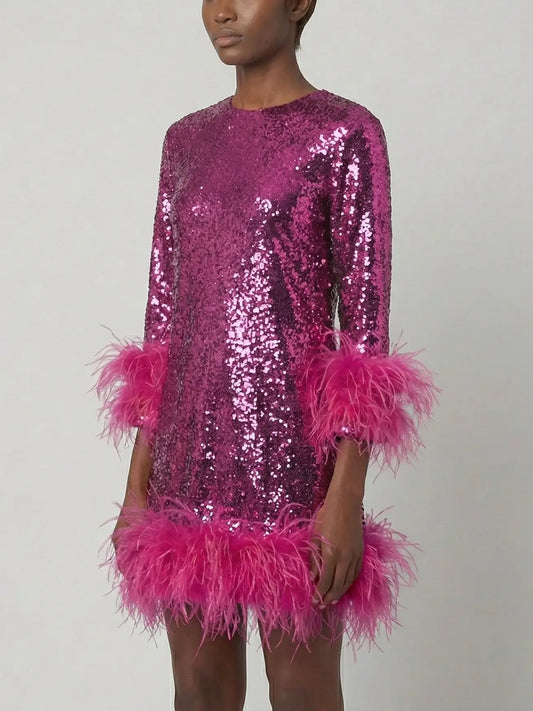 Magenta Sequin Mini Dress with Feather Trim - Dresses