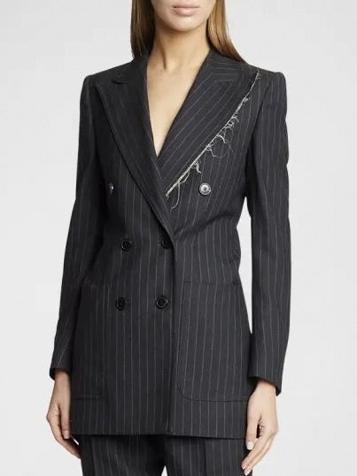 Pinstripe Double-Breasted Wool and Silk Frayed-Collar Blazer Branna Couture