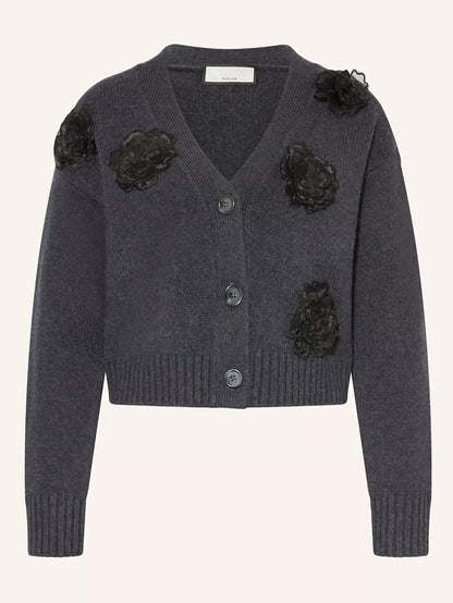 Gray Floral-Embroidered Cropped Wool Cardigan