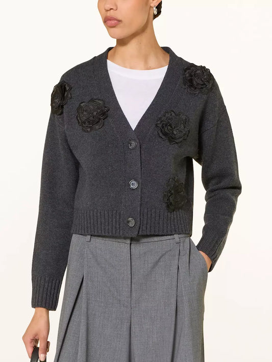 Gray Floral-Embroidered Cropped Wool Cardigan