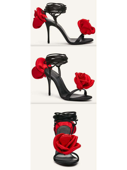 105mm Wrap-Around Satin Flower Sandals in Red and Black - Branna Couture