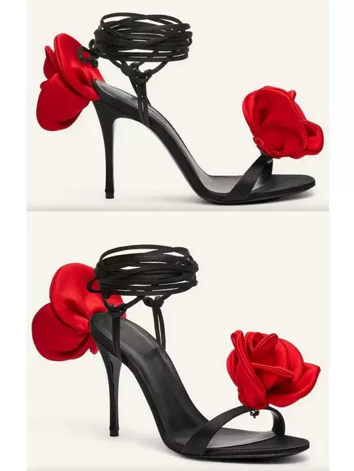 Women’s 105mm Wrap-Around Satin Flower Sandals in Red and Black Branna Couture