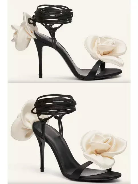 Women’s 105mm Wrap-Around Satin Flower Sandals in White and Black Branna Couture