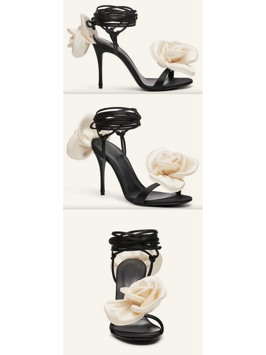 105mm Wrap-Around Satin Flower Sandals in White and Black - Branna Couture