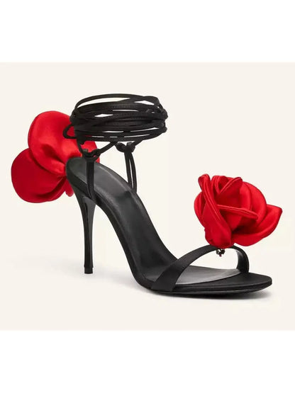 105mm Wrap-Around Satin Flower Sandals in Red and Black - Footwear