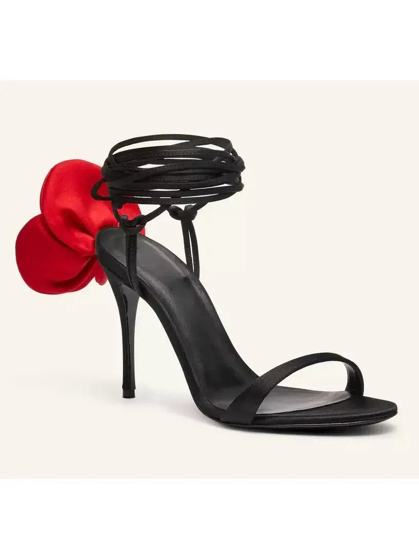 105mm Wrap-Around Satin Flower Sandals in Red and Black - Footwear