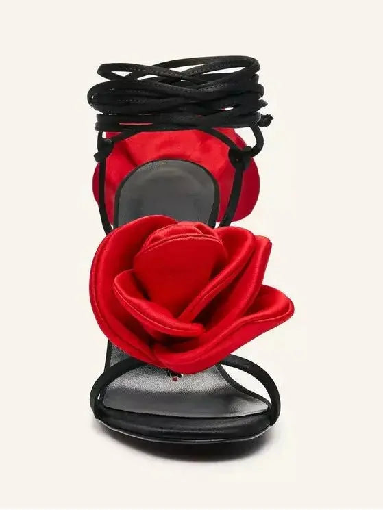 105mm Wrap-Around Satin Flower Sandals in Red and Black - Footwear