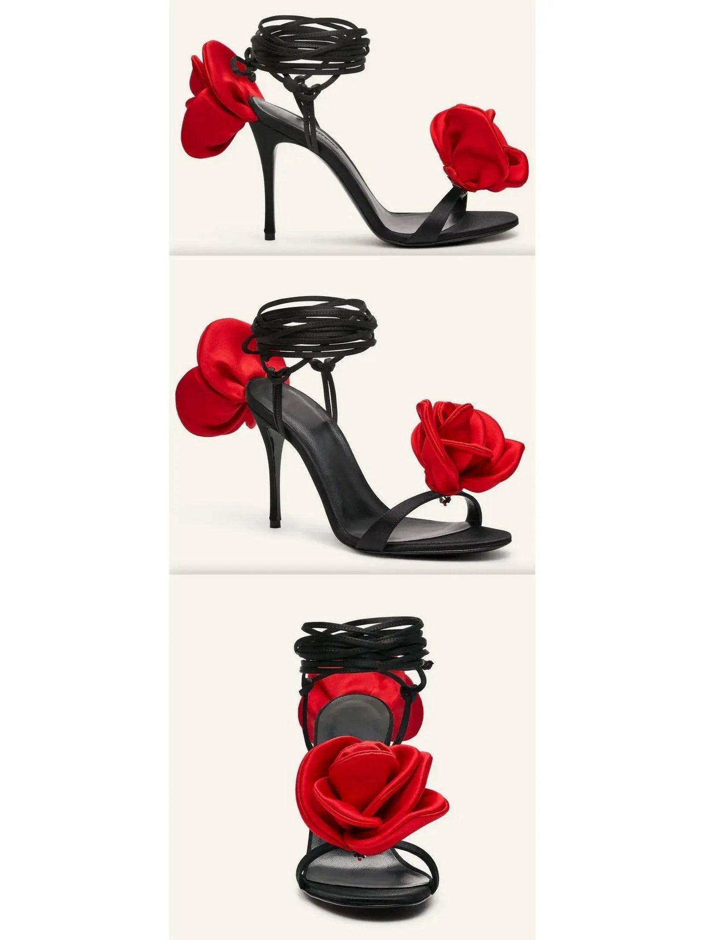 105mm Wrap-Around Satin Flower Sandals in Red and Black - Footwear