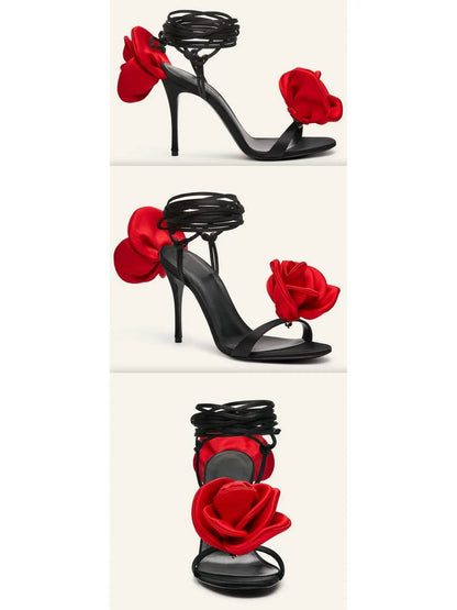 105mm Wrap-Around Satin Flower Sandals in Red and Black - Footwear