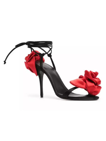 105mm Wrap-Around Satin Flower Sandals in Red and Black - Footwear