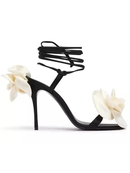 105mm Wrap-Around Satin Flower Sandals in White and Black - Footwear