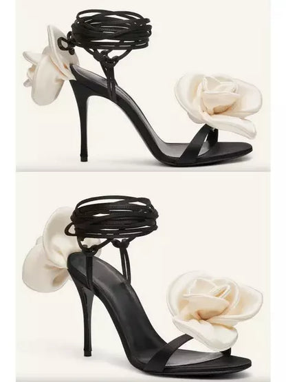 105mm Wrap-Around Satin Flower Sandals in White and Black - Footwear