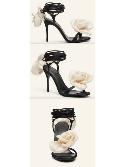 105mm Wrap-Around Satin Flower Sandals in White and Black - Footwear