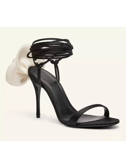 105mm Wrap-Around Satin Flower Sandals in White and Black - Footwear