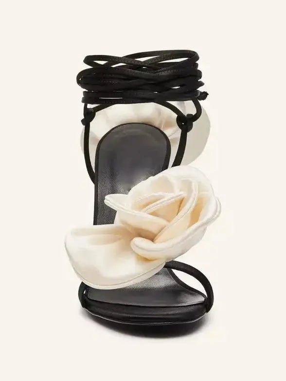 105mm Wrap-Around Satin Flower Sandals in White and Black - Footwear