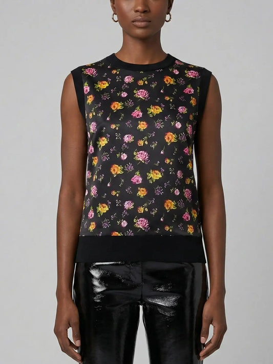 Black Silk Knit Rose Print Sleeveless Top - S - Tops