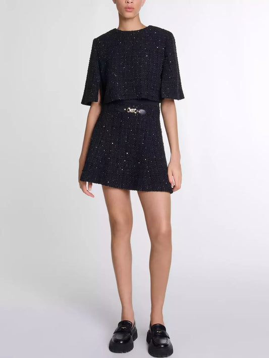 2 in 1 Black Sequin Tweed Dress Set - Dresses