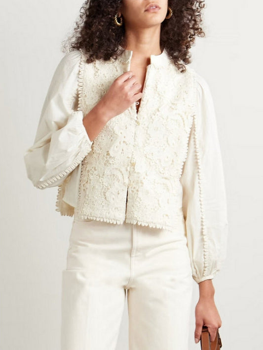 2 Pc Guipure Lace-Trimmed Cotton-Poplin Top - Tops