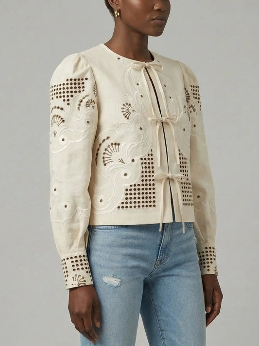 Cream Embroidered Tie-Front Blouse - Tops