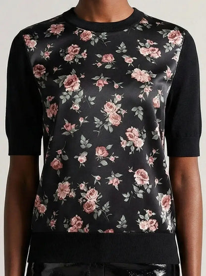 Black Silk Knit Top with Printed Roses - Tops