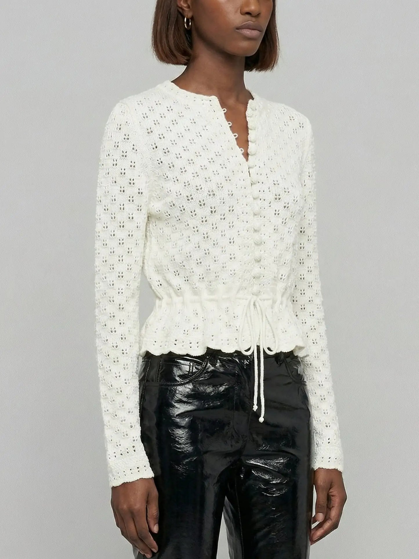 Pointelle Knit Peplum Cardigan Top - Sweaters & Knitwear