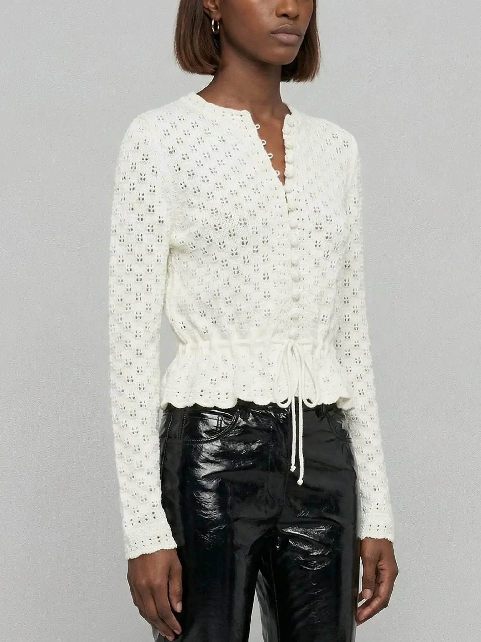 Pointelle Knit Peplum Cardigan Top - Sweaters & Knitwear