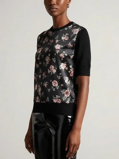 Black Silk Knit Top with Printed Roses - Tops
