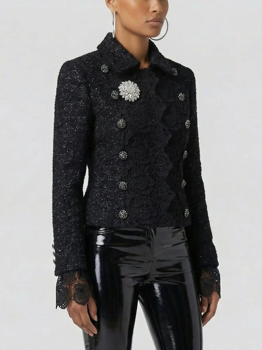 Black Embellished Lace Trim Tweed Jacket - Jackets