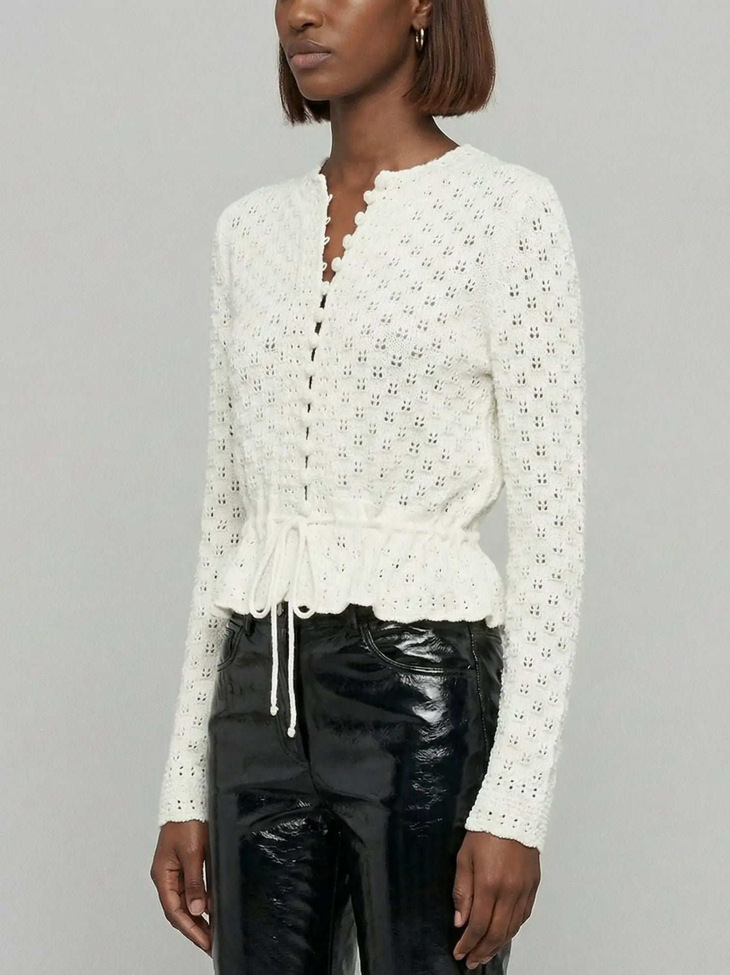 Pointelle Knit Peplum Cardigan Top - Sweaters & Knitwear