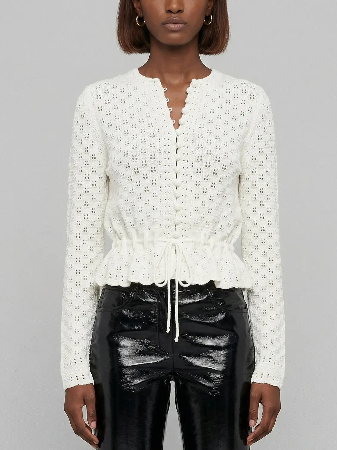 Pointelle Knit Peplum Cardigan Top - Sweaters & Knitwear