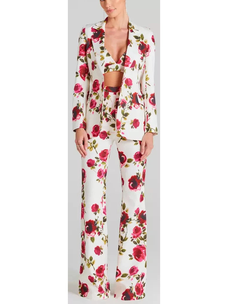 3-Piece Watercolor Rose Print Blazer, Bra Top and Pant Suit / Set - Branna Couture