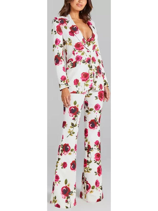 3-Piece Watercolor Rose Print Blazer, Bra Top and Pant Suit / Set - Branna Couture